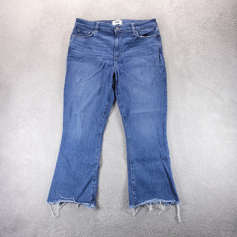 Paige Jeans Womens 31 Blue Rory Crop Flare High Rise Raw Hem Stretch Denim